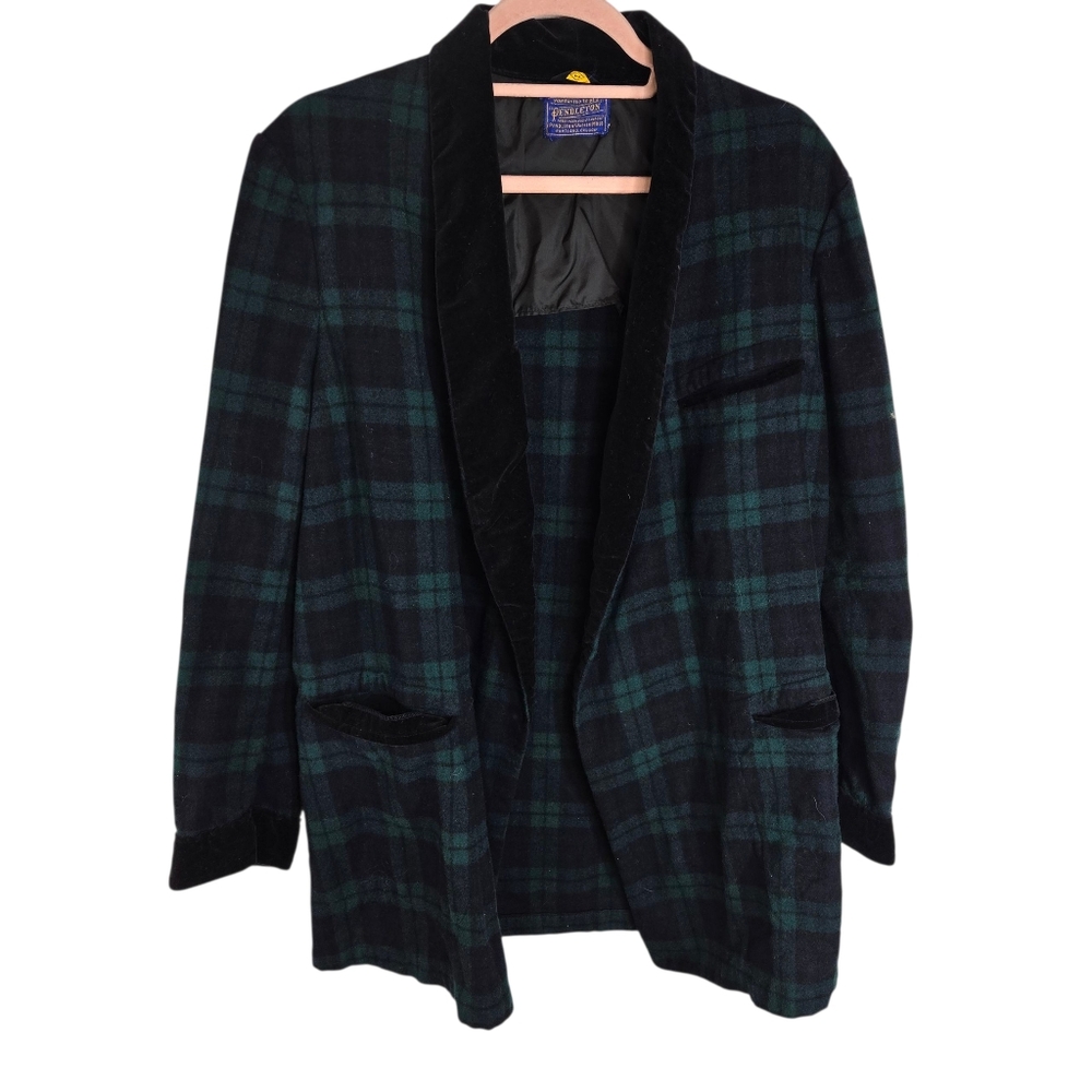Vtg 70s Pendleton Green Black Plaid Wool Smoking Jacket Blazer